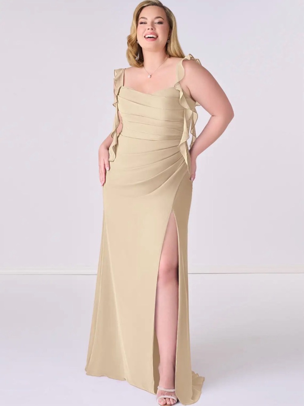 Azazie Cream Ruffle-Strap Maxi Dress with High Slit